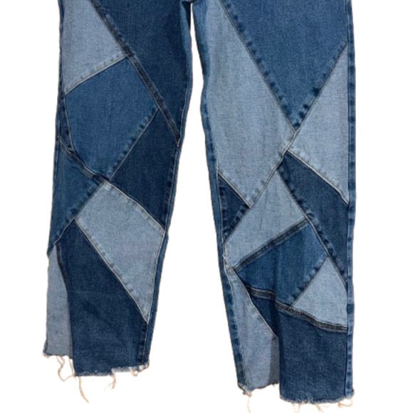 American Bazi Los Angeles Women Blue Patchwork Straight Leg Raw Hem Jeans Sz-2X - Picture 3 of 7